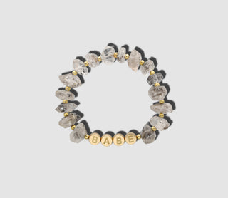 Rareté Studios Belonging Bracelet, Herkimer Diamond, rough cut beads, 18k yellow gold letter beads
